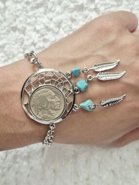 Vintage Silver Dreamcatcher Coin Feather Bracelet